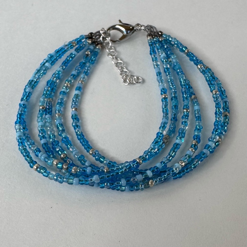 HAND CRAFTED BRACELET Ocean Blue Multi-Strand Czech Glass Beaded Delicate NWT - Picture 3 of 16